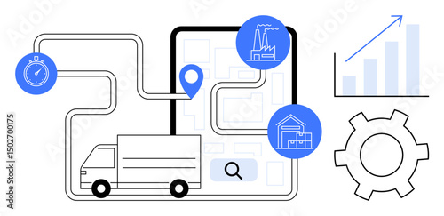 Delivery truck navigating a mapped route with factory and warehouse icons, stopwatch, and a chart. Ideal for logistics, supply chain, inventory management, data analytics, operations, transportation