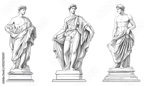 Classic statue elements separated on transparent and white background. Vector set, classic Italian greek style art sculpture, linocut sketch drawing.
