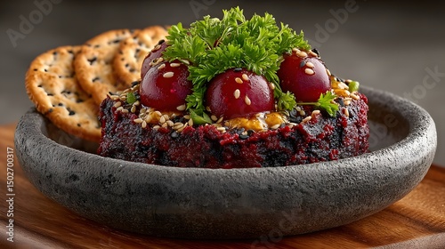 Beet hummus with sesame crackers and radish slices
