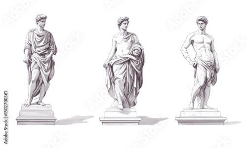 Classic statue elements separated on transparent and white background. Vector set, classic Italian greek style art sculpture, linocut sketch drawing.