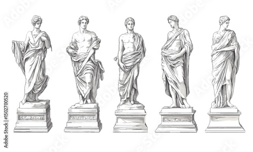Classic statue elements separated on transparent and white background. Vector set, classic Italian greek style art sculpture, linocut sketch drawing.