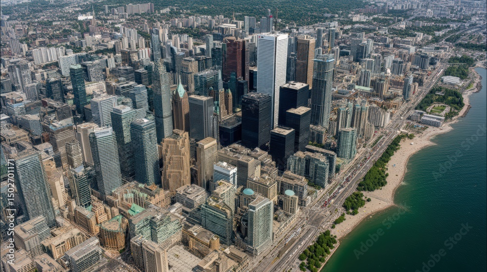 Fototapeta premium Downtown skyline features tall corporate buildings clustered near Lake Ontario..