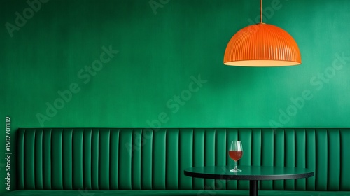 Emerald Green Bar Interior: A stylish bar interior with emerald green walls and a matching booth, features a small round table with a drink, illuminated by a large orange pendant light.