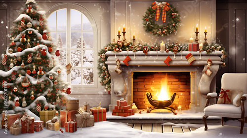 fireplace with christmas decorations, Christmas Scene Imagine a warm and inviting holiday setting with a beautifully decorated Christmas tree surrounded by presents, a comfortable rocking chair, and a