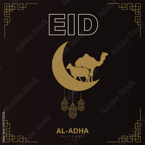 Elegant Eid al-Adha greeting card with moon, sacrificial animals on dark background, perfect for Islamic holiday designs.