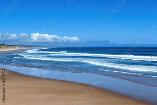 A serene coastal scene with white waves breaking on a sandy beach under a clear blue sky
