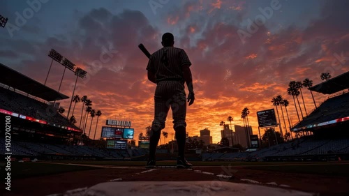 Silhouette of a baseball player at sunset, preparing to bat in an empty stadium with city skyline