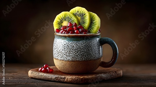Chia pudding topped with kiwi slices and pomegranate seeds in a mason jar