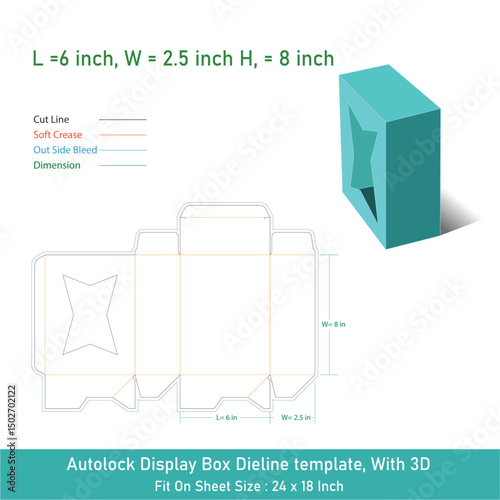Auto lock display box dieline template and 3D, vector file