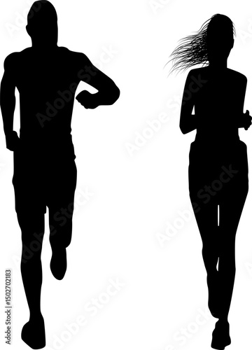 Silhouette running man woman athletes sport fitness exercise healthy lifestyle active people endurance training marathon race competition speed power energy