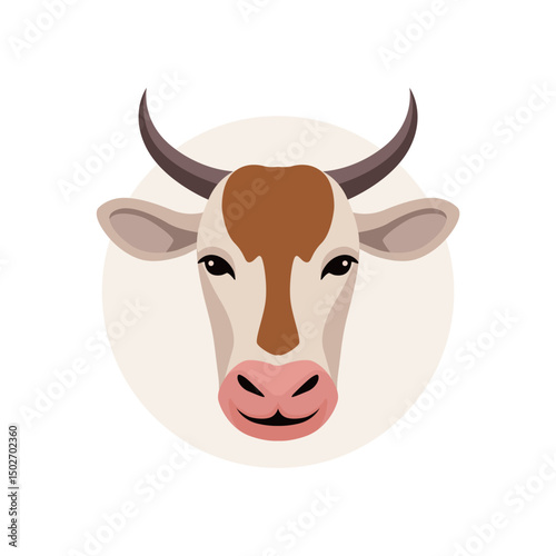 Cows head with brown horns, suitable for agriculture or livestock themes, farming publications, or naturerelated designs. Rural animal portrait.
