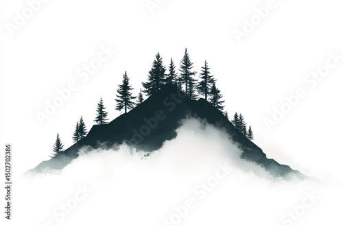 Silhouetted mountain peak with trees in mist