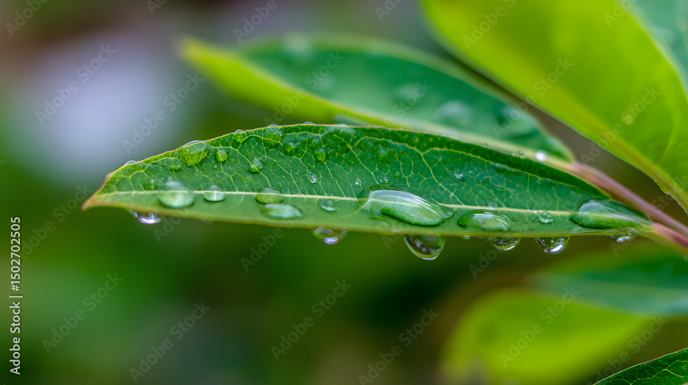 Fototapeta premium Fresh green leaf with glistening water droplets, a symbol of nature's delicate beauty