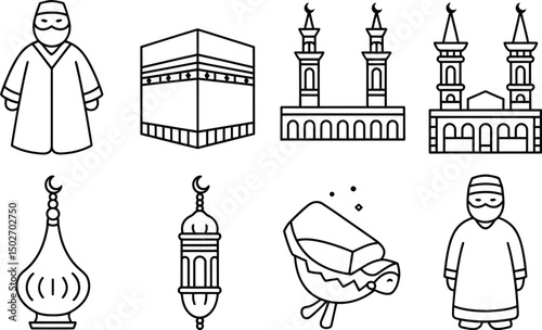 Islamic culture and religion line art icons featuring kaaba mosque and dates