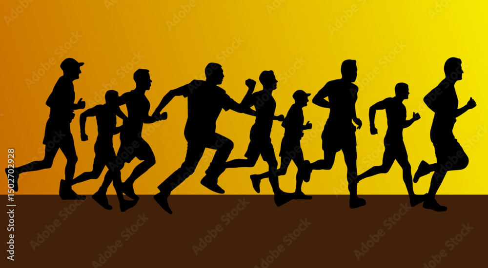 Obraz premium Silhouette Runners Race Marathon Competition Athletics Sport Exercise Fitness Endurance Speed Jogging Running People Active Healthy Lifestyle. Vibrant yellow sunset background.