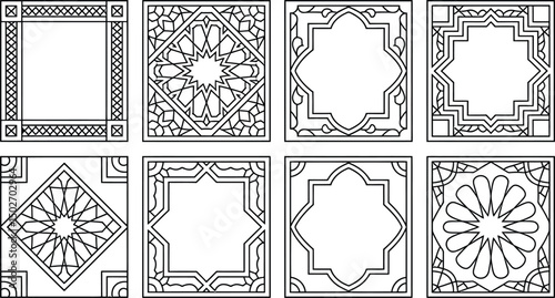 Geometric islamic pattern frames set oriental decoration black line art vector graphics