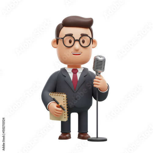 Cartoon businessman character holding microphone ideal for presentation images