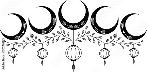 Phases of the moon botanical garland with lanterns asian style decoration
