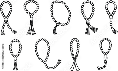 Islamic prayer beads tasbih collection outline icons for ramadan kareem concepts