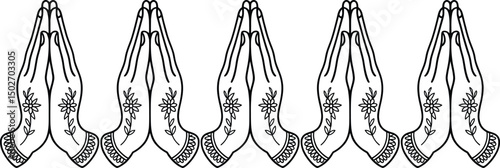Repeating hands in prayer motif with floral design line art
