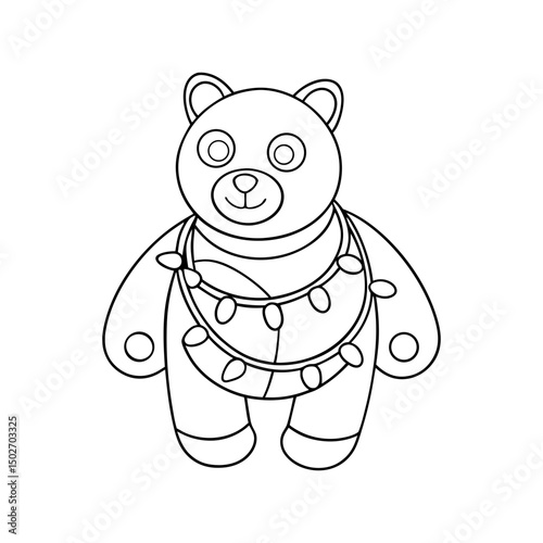 black outline printable bear with christmas lights