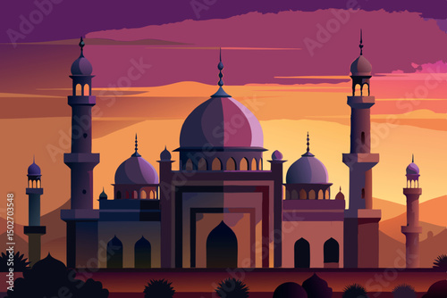 Illustration of a beautiful mosque with domes and minarets against a vibrant sunset sky in a digital painting style