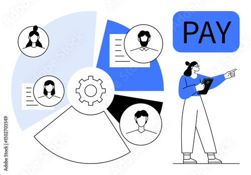 Woman with tablet pointing to team profiles and pie chart with gears. PAY button emphasizes payroll. Ideal for HR tools, payroll systems, teamwork, employee management, analytics, business strategy