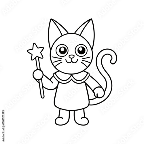 black outline printable cat with magic wand