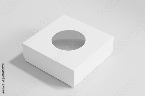 rectangular box mockup, square box packaging wiht circle window, luxury white gift box with clear pvc window display, white paperboard rectangular packaging, elegent perfume packaging mockup