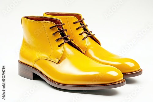 A pair of bright yellow leather lace-up boots with brown soles