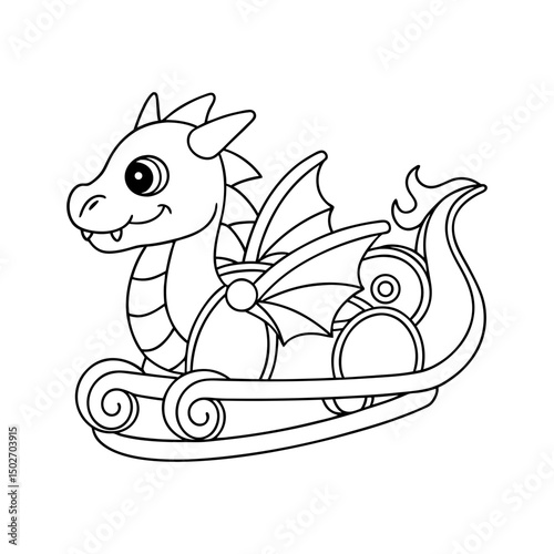 black outline printable dragon riding sleigh
