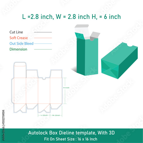 Autolock syrup box dieline template and 3D, vector file
