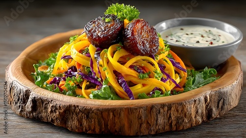 Carrot and beet salad ribbons with tahini dressing on a natural wood tray