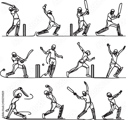 Cricket One Line Drawing Set – Minimalist Continuous Line Art of Cricket Actions