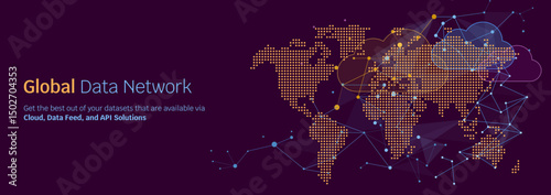 Global data integration, global data network connection banner or header, wireframe connected dots and polygonal for worldwide business intelligence and AI, world map with dots pattern