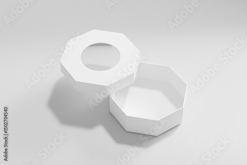 Octagon shape paper box mockup, luxury gift box with window display, white paperboard rectangular packaging, octagonal cardboard box with clear pvc window, elegent perfume packaging