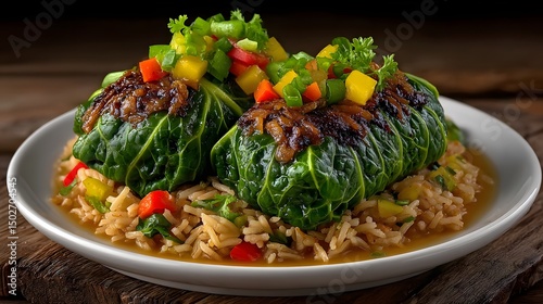 Collard green wraps filled with rice and vegetables