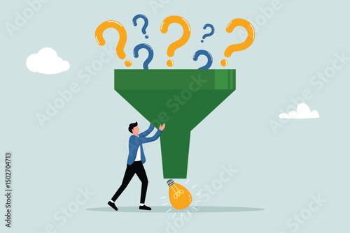 Problem solving concept, Smart entrepreneur with funnel or filter to get solution from question mark.