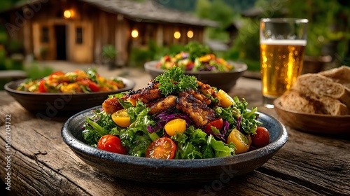 Colorful salads in an outdoor garden setting