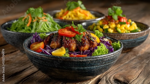 Colorful salads served on ceramic dishes