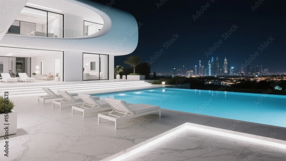 Obraz premium Modern Luxury Villa with Infinity Pool Overlooking City Skyline at Night