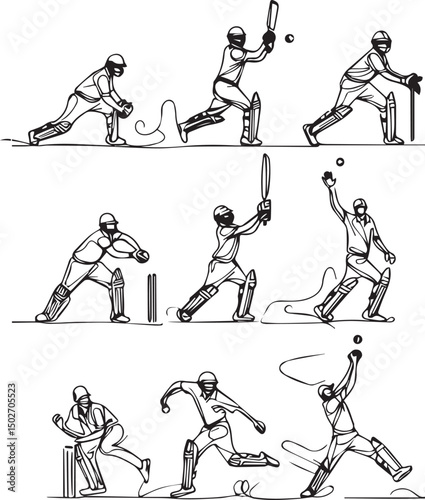 Cricket One Line Drawing Set – Minimalist Continuous Line Art of Cricket Actions