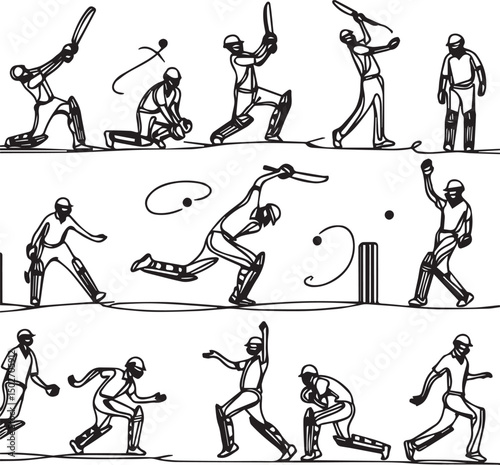 Cricket One Line Drawing Set – Minimalist Continuous Line Art of Cricket Actions