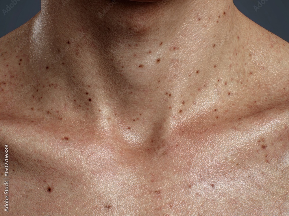 Fototapeta premium Skincare and health problems are exemplified by a detailed view of an Asian woman's face, showcasing wrinkles, melasma, dark spots, freckles, dry skin, and pigmentation