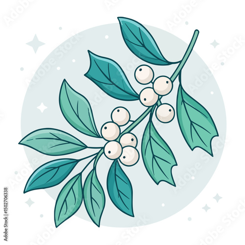 Branch of mistletoe with green leaves and white berries in illustration  
