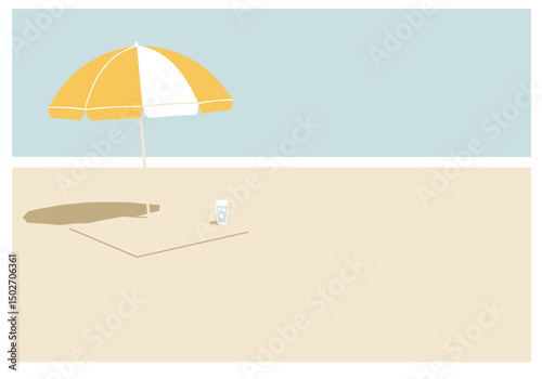 Beach scene with yellow umbrella and sunblock on sandy shore  