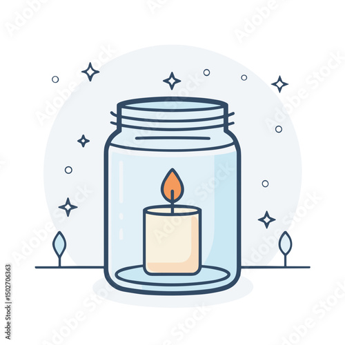 Candle in glass jar glowing softly in minimalist illustration style  