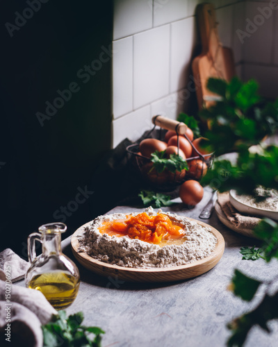 Rustic kitchen scene with flour, eggs, olive oil, and herbs photo