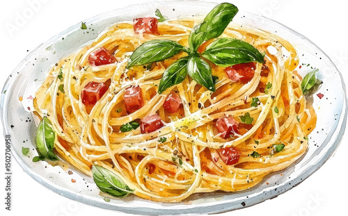 carbonara ham pasta spaghetti watercolor illustration painting drawing art 