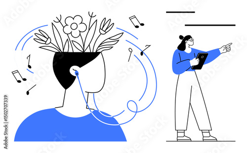Audio streaming through headphones sparks flowers and music notes from a head silhouette. Woman holding tablet gestures forward. Ideal for creativity, inspiration, growth, mindfulness, music